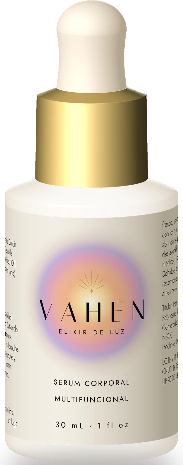 Frasco de Vahen Elixir de Luz, 30 mL, de vidrio con gotero dorado y etiqueta color hueso